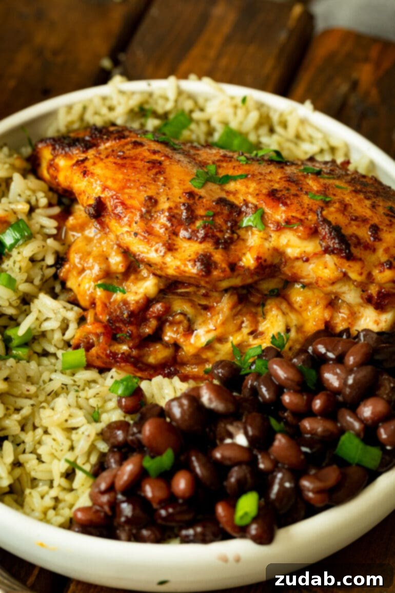 Smoky Chorizo Chicken Supreme 5 A photo of a beautifully stuffed chicken breast, filled with chorizo and melted cheese, served alongside a flavorful portion of black beans and rice.