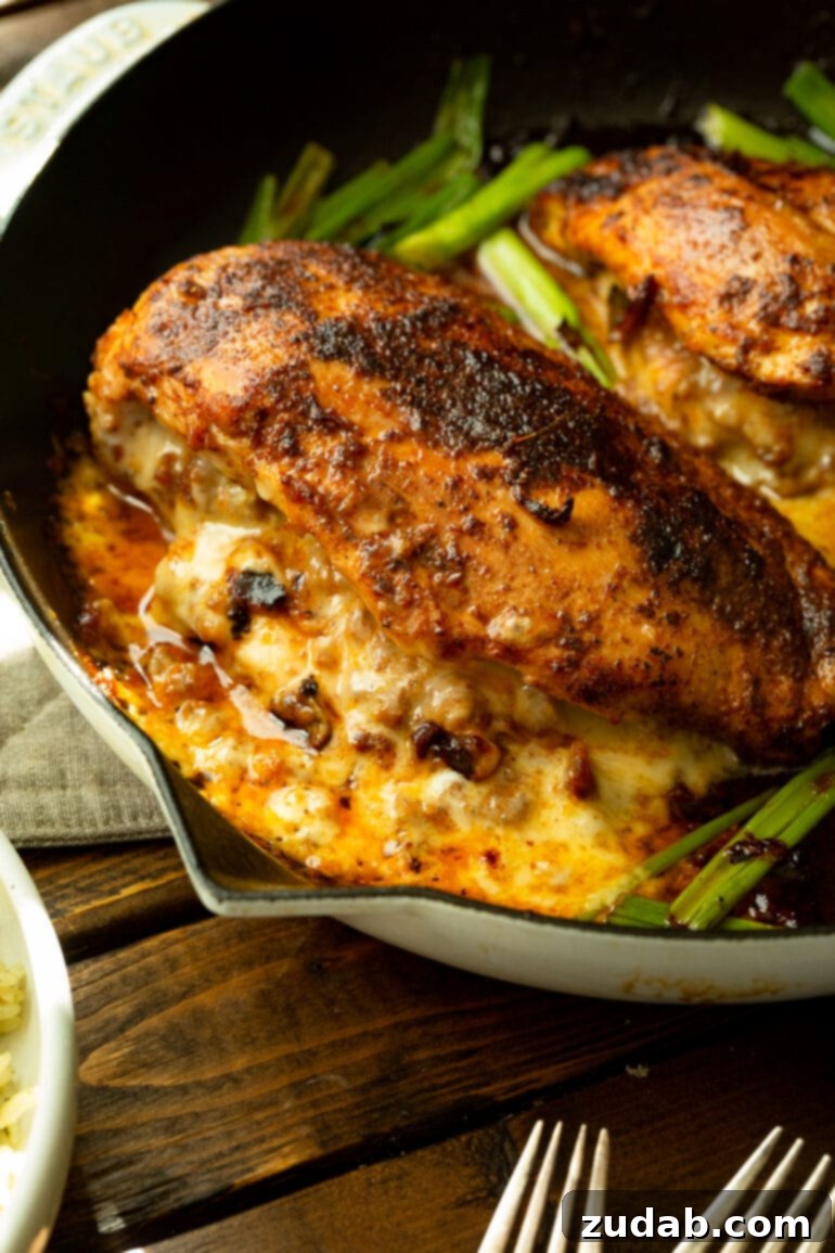 Smoky Chorizo Chicken Supreme 7 A photo of a golden-brown, seared chicken breast, generously stuffed with melted cheese and chorizo, nestled invitingly in a cast iron skillet.