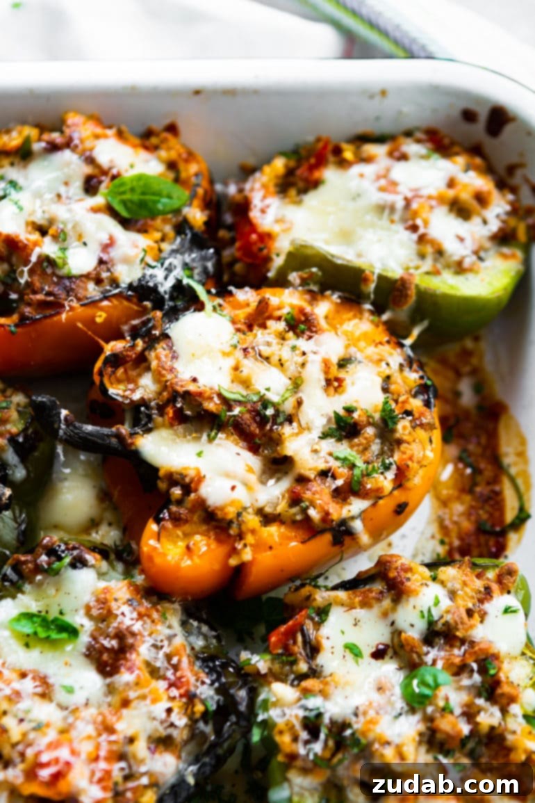 Weekly Menu Plan January 29 to February 4 5 Several vibrant bell peppers, generously stuffed with an Italian-inspired filling, baked to perfection and topped with bubbling melted mozzarella cheese and fresh basil.