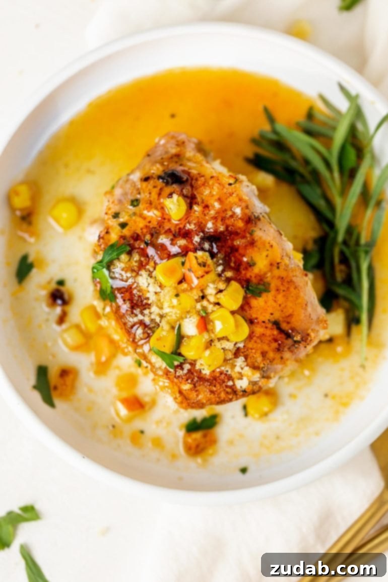 A stuffed pork chop on a dinner plate. There is a little stuffing with corn kernels on top of the pork chop and a sauce has been poured over the top. Fresh sage is on the edge of the plate. A perfect, elegant Sunday dinner.