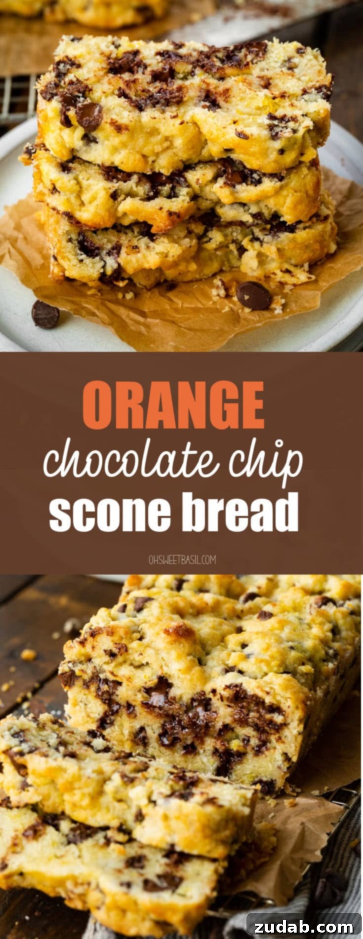 Bright Orange Chocolate Chip Scone Bread 11 A stack of three generous slices of chocolate orange scone bread, highlighting its moist interior and abundance of melty chocolate chips, ready to be devoured.
