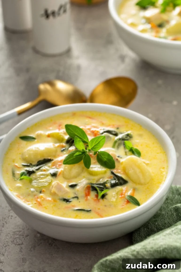 Weekly Meal Plan February 12 to 18 4 A vibrant bowl of creamy copycat Olive Garden Chicken Gnocchi Soup, brimming with tender chicken, soft potato gnocchi, and colorful vegetables like shredded carrots and celery, garnished with fresh herbs.