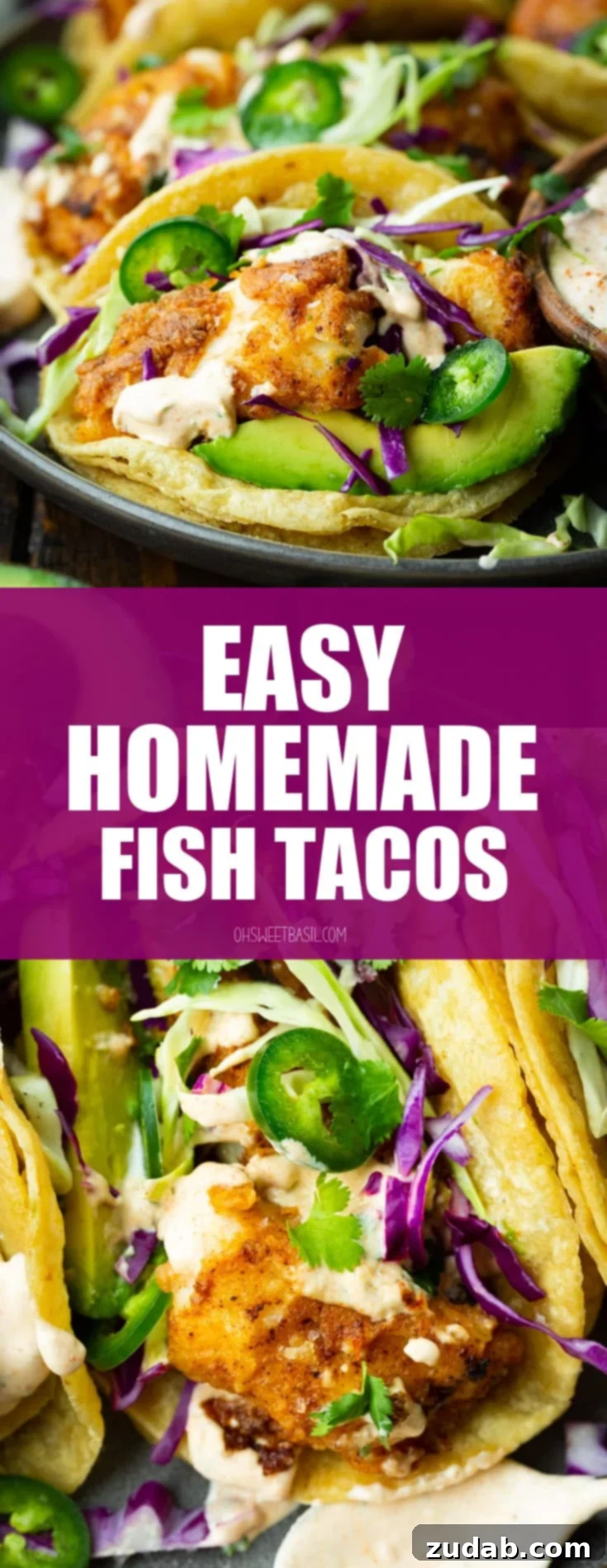 Effortless Homemade Fish Tacos 10 a photo of a fish taco with golden tender fish topped with shredded cabbage, slice jalapenos, chopped cilantro a creamy taco sauce.