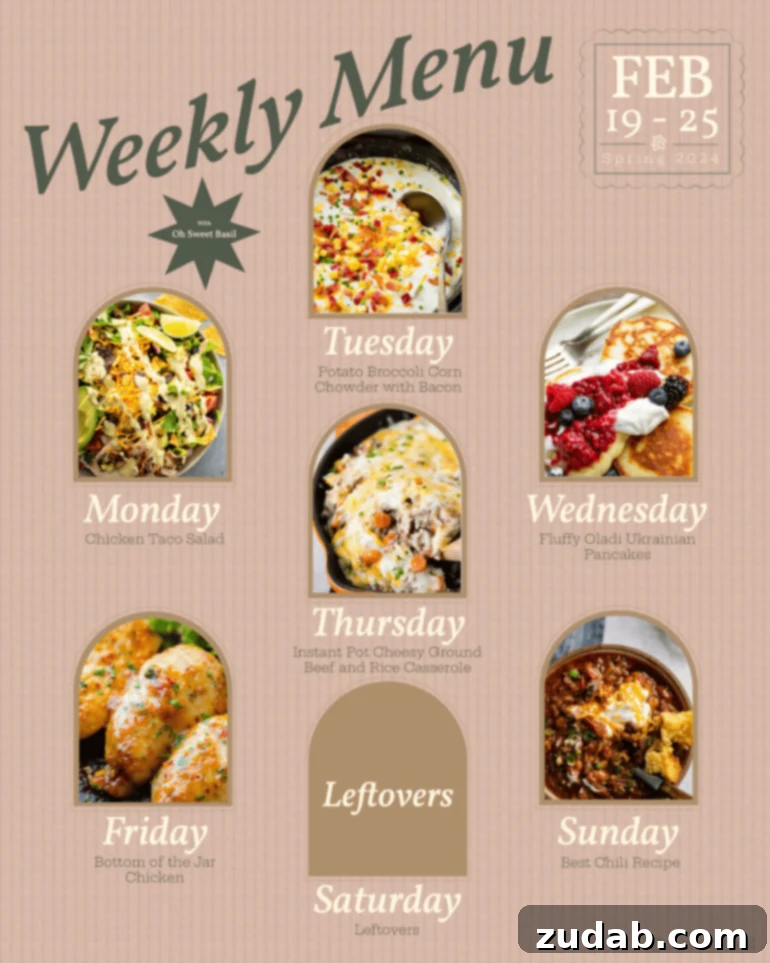 This Week's Meal Plan: February 19-25 2 A vibrant graphic displaying a weekly menu plan with diverse dishes for each day, perfect for family meals.