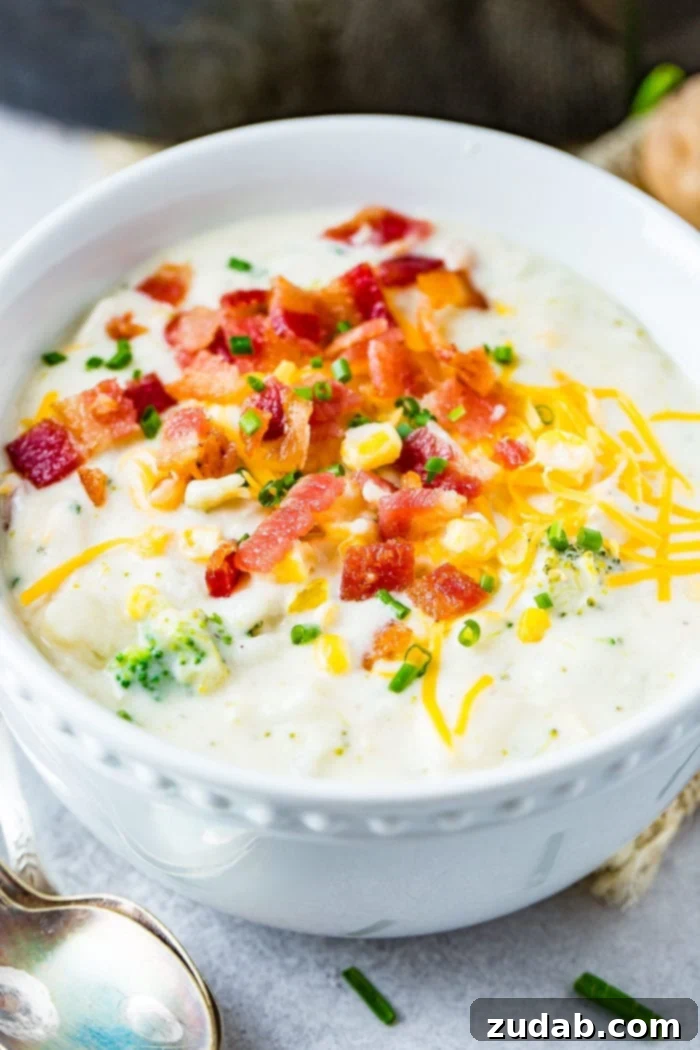 This Week's Meal Plan: February 19-25 4 A close-up of a rich and creamy Potato Broccoli Corn Chowder, garnished with fresh herbs and a sprinkle of bacon.