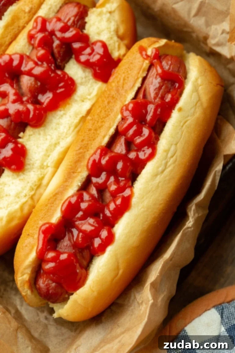 Crispy Air Fryer Hot Dogs 3 A close-up photo of a perfectly air-fried hot dog in a brioche bun, topped simply with a swirl of ketchup.