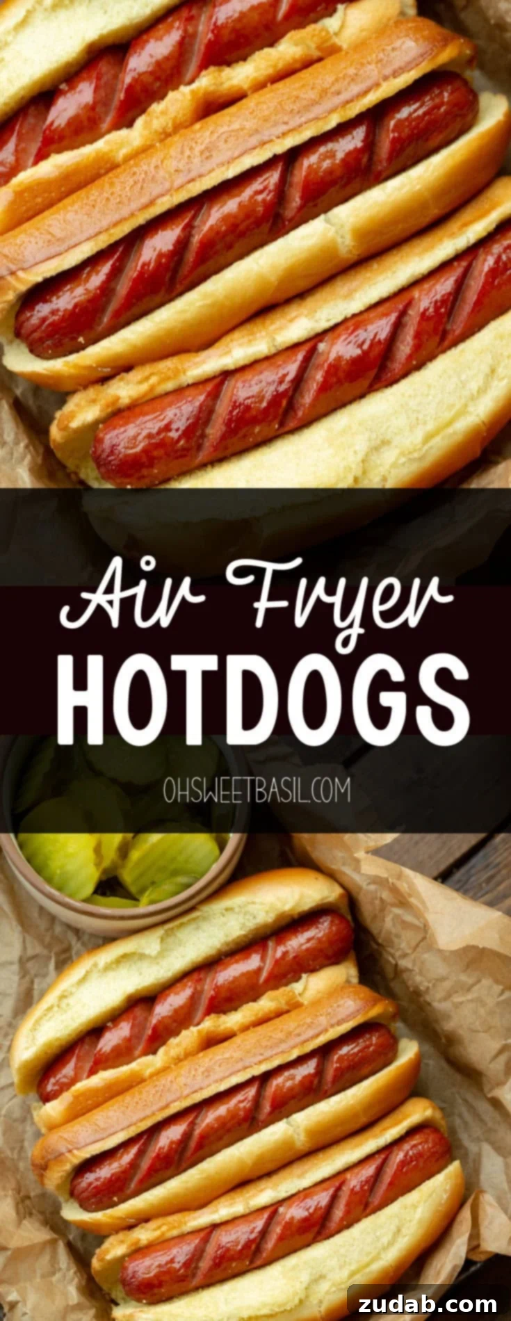 Crispy Air Fryer Hot Dogs 7 A vibrant photo showcasing three perfectly air-fried hot dogs in buns with scored tops, ready to be enjoyed.