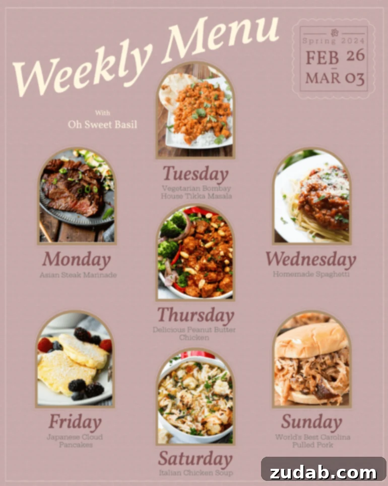 Your Weekly Meal Plan: Feb 26 - Mar 3 2 A vibrant graphic illustrating a weekly menu plan featuring diverse international dishes from Asia, India, Italy, Japan, and the American South, inviting viewers to a global culinary tour.