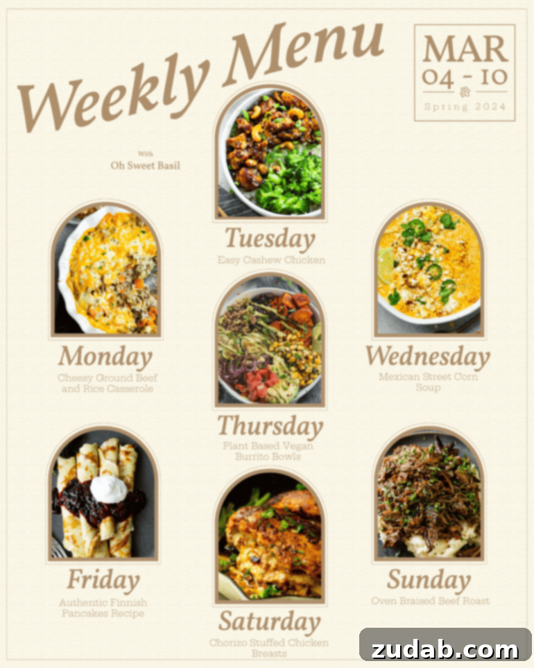 Weekly Meal Plan: March 4-10 2 A vibrant graphic depicting a weekly meal plan schedule for dinner, showcasing various dishes from Monday to Sunday, perfect for family dinners.