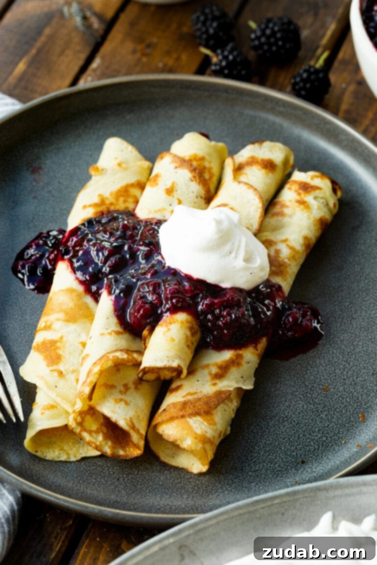 Weekly Meal Plan: March 4-10 7 Delicate, golden Finnish Pancakes, beautifully rolled and topped with a luscious, thick blackberry sauce and a dollop of fresh whipped cream.