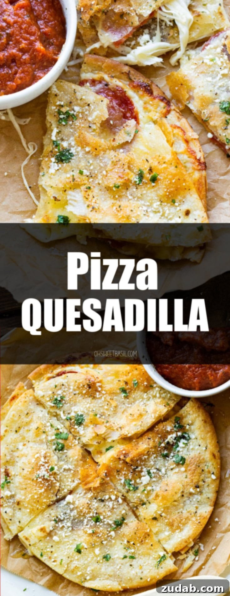 Pizza-dilla: A Cheesy Pizza Quesadilla 8 A beautifully presented slice of golden, crispy tortilla pizza, with melted cheese stretching, garnished with cotija cheese and garlic butter, and accompanied by a small bowl of pizza sauce.