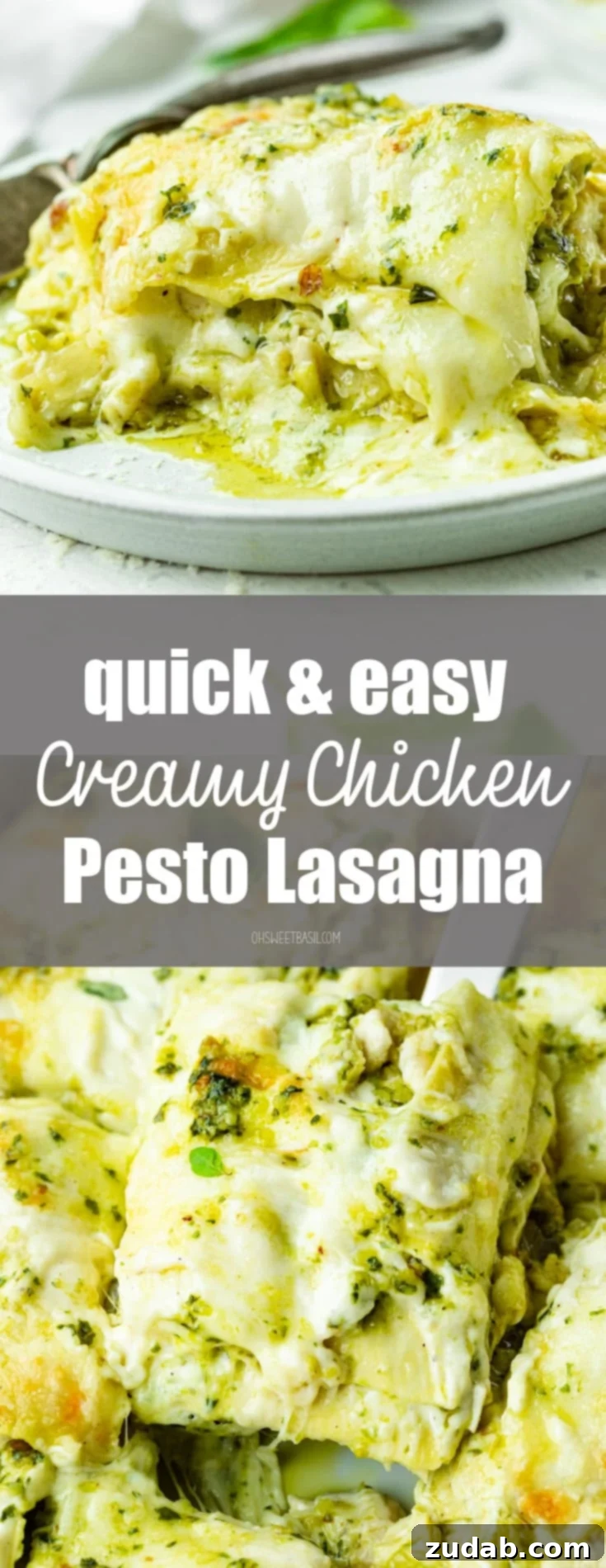Effortless Creamy Pesto Chicken Lasagna 12 A final, appetizing shot of a serving of pesto chicken lasagna, artfully arranged on a white dinner plate.