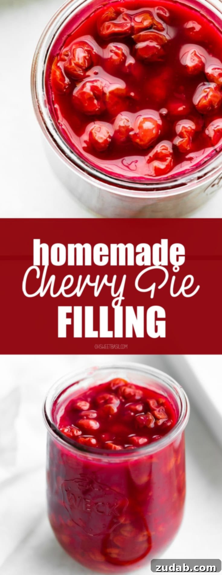 Luscious Homemade Cherry Pie Filling 6 a photo taken over the top of a glass jar full of homemade cherry pie filling