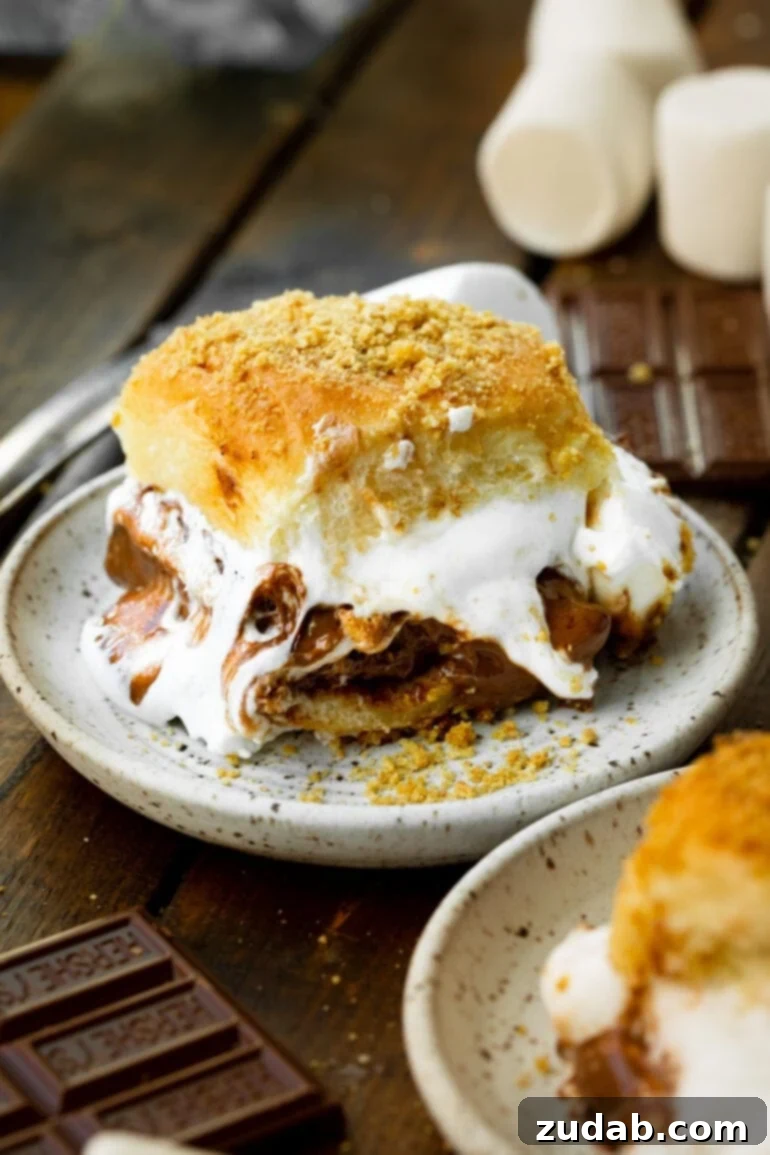 Gooey Smores Sliders 2 A beautifully arranged s'mores slider on a small dessert plate, featuring perfectly melted marshmallows and chocolate oozing from sweet Hawaiian rolls, ready to be enjoyed.