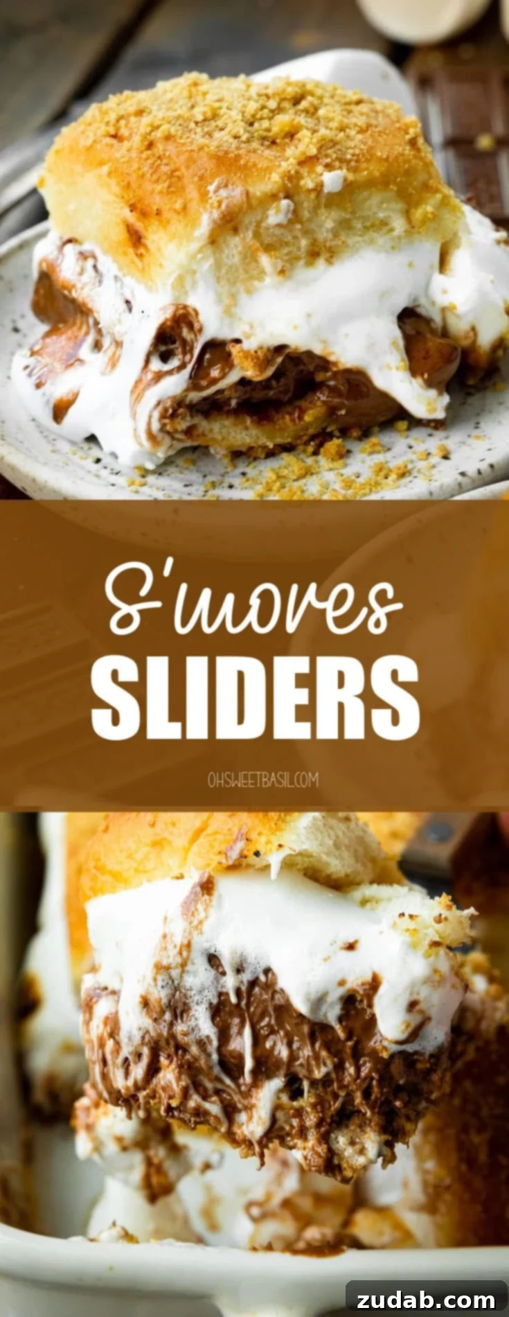 Gooey Smores Sliders 9 A large casserole dish filled with a dozen freshly baked s'mores sliders, featuring perfectly melted marshmallows and chocolate oozing from the sides, beautifully topped with golden graham cracker crumbs, ready to be served.