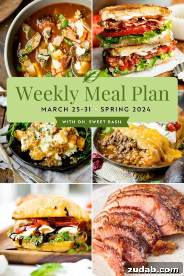 Weekly Meal Plan - Mar. 25 to Mar. 31 2 A comprehensive graphic depicting a weekly meal plan, featuring different dishes for each day leading up to Easter Sunday, alongside vibrant spring and Easter-themed decorations. This visual guide helps families organize their dinners efficiently.