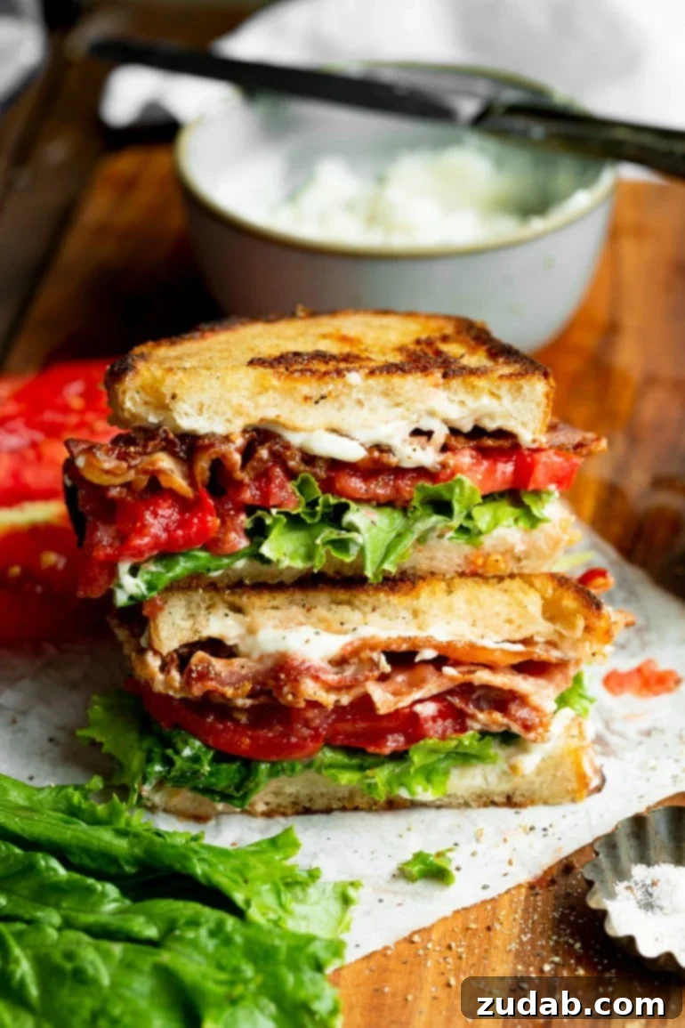 Weekly Meal Plan - Mar. 25 to Mar. 31 4 A delectable photo of a BLT sandwich, artfully cut in half and stacked to reveal its enticing layers. Inside, you can clearly see crisp bacon, fresh green lettuce, vibrant red tomatoes, and a thick, creamy layer of mayonnaise, all nestled between slices of perfectly toasted bread. The image captures the fresh ingredients and comforting appeal of this classic sandwich, making it look irresistible.