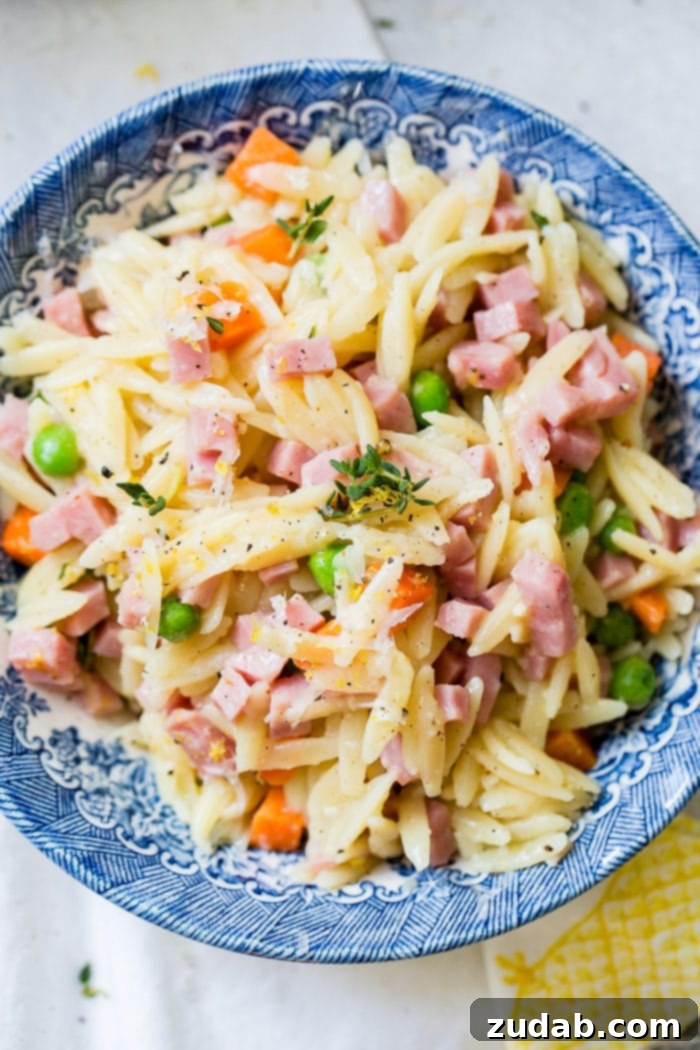 Weekly Meal Plan - Mar. 25 to Mar. 31 7 A vibrant bowl of quick ham lemon orzo, showcasing the delicate pasta mixed with tender ham pieces, bright green peas, and finely grated Parmesan cheese. The dish looks fresh, light, and full of flavor, with a hint of lemon zest visible, making it an inviting and easy meal option.