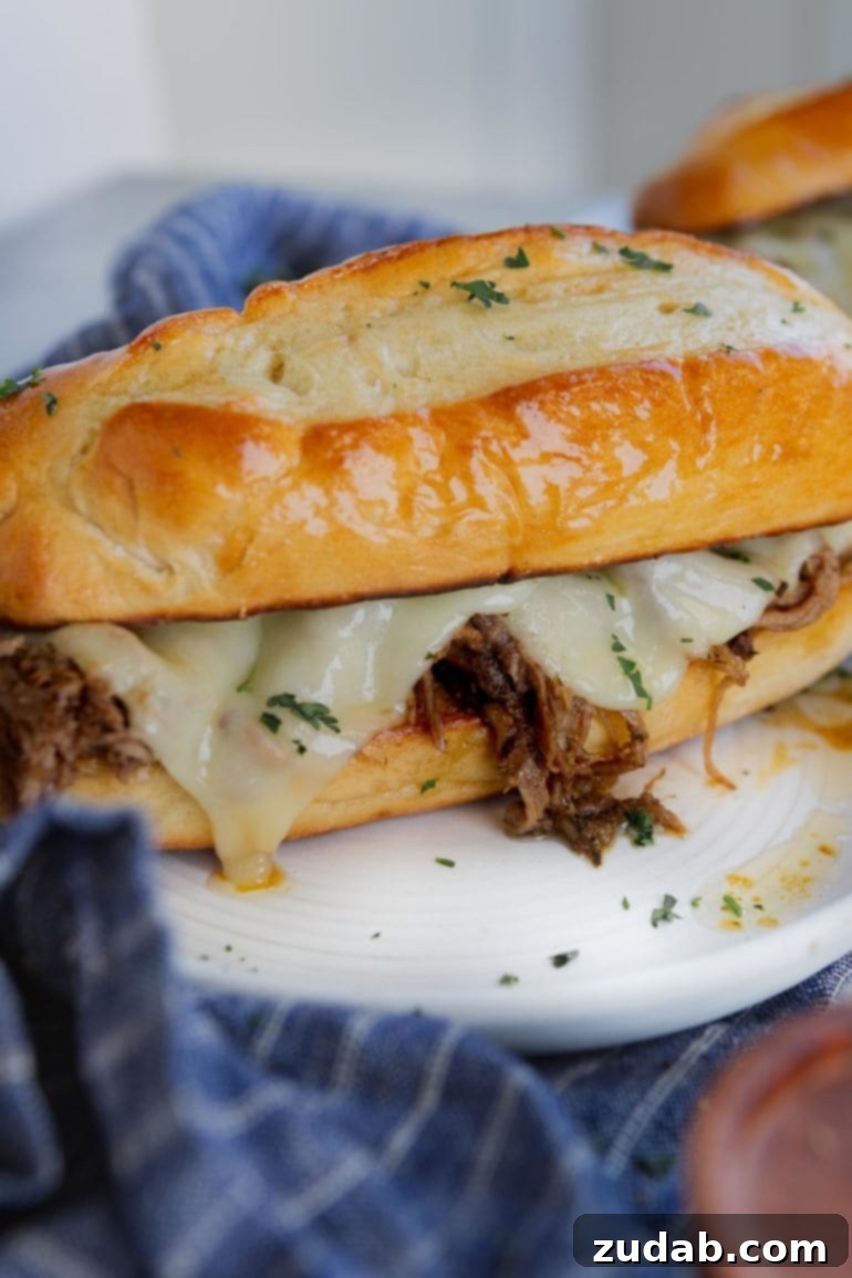 Seven Days of Flavor: April 8-14 3 A French Dip sandwich on a hoagie roll with beef and melted cheese, served on a plate with a blue and white napkin.