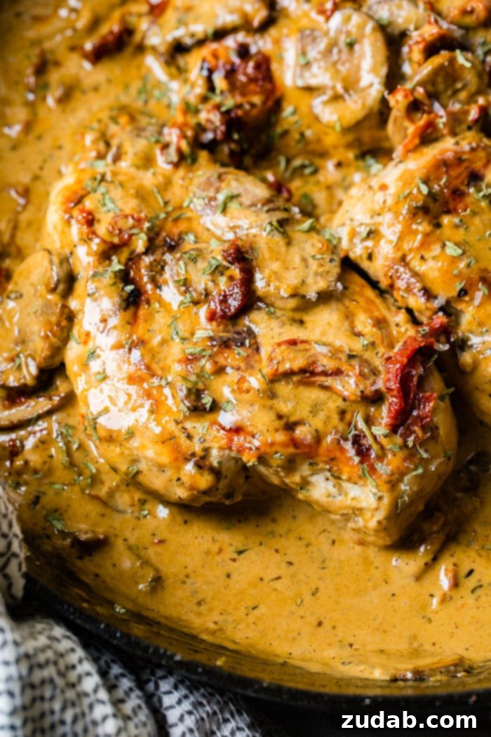 Seven Days of Flavor: April 8-14 4 A black cast iron skillet featuring creamy herb chicken with sun-dried tomatoes, mushrooms, and seasoning.