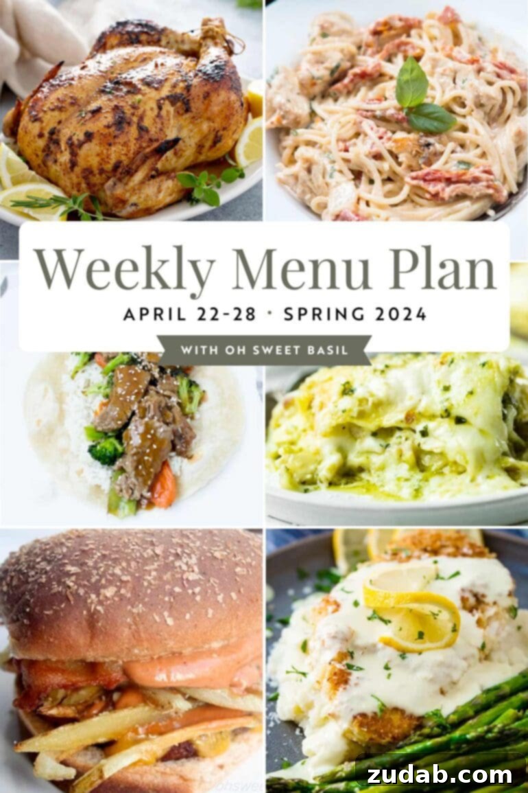 This Week's Menu: April 22-28 2 A vibrant graphic displaying the weekly menu plan for April 22-28, featuring colorful illustrations of delicious meals like roasted chicken, pasta, burgers, and lasagna.
