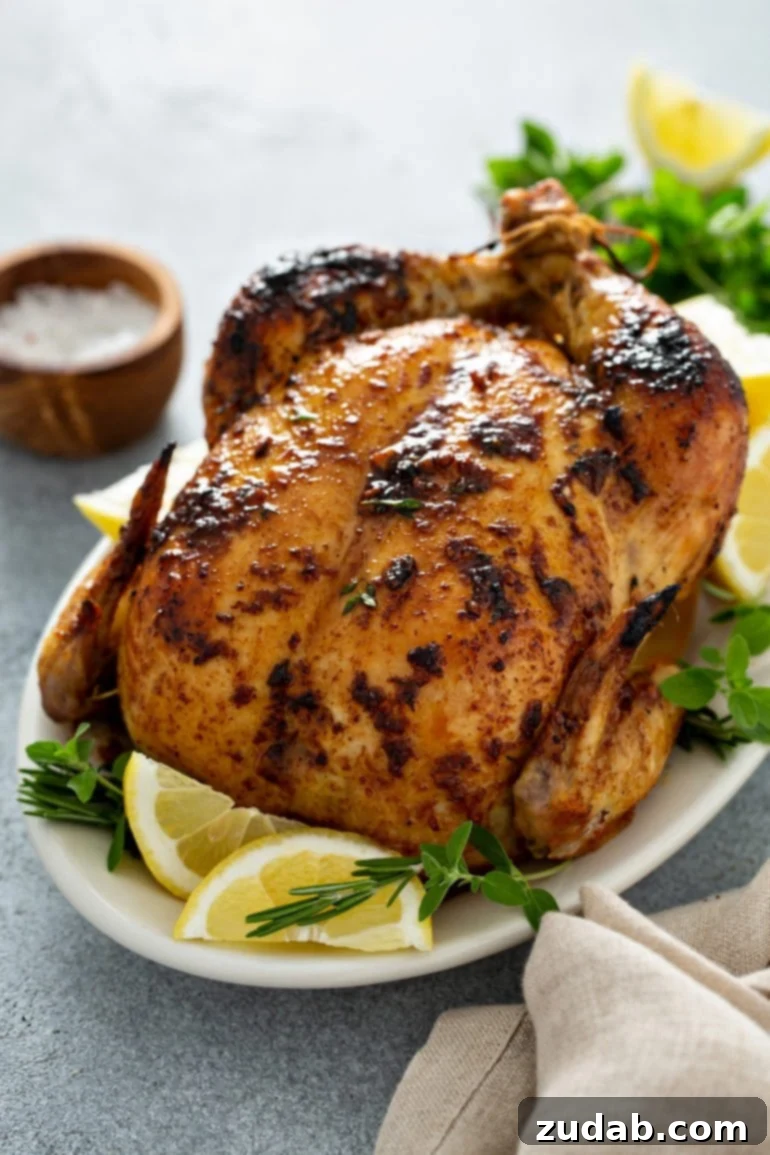 This Week's Menu: April 22-28 3 A beautifully golden-brown whole roasted chicken resting on a white platter, garnished with fresh lemon wedges and sprigs of thyme, with a rustic wooden bowl of salt beside it.