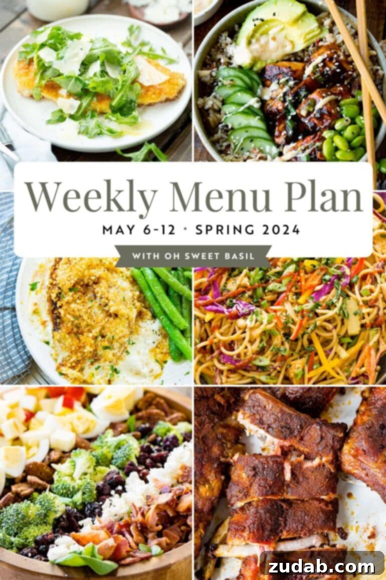 Your Weekly Meal Plan: May 6-12 2 A vibrant graphic showcasing a collage of diverse main dishes, including chicken parmesan, teriyaki salmon, baked ranch chicken, peanut noodles, cobb salad, and smoked ribs, representing a complete weekly meal plan.