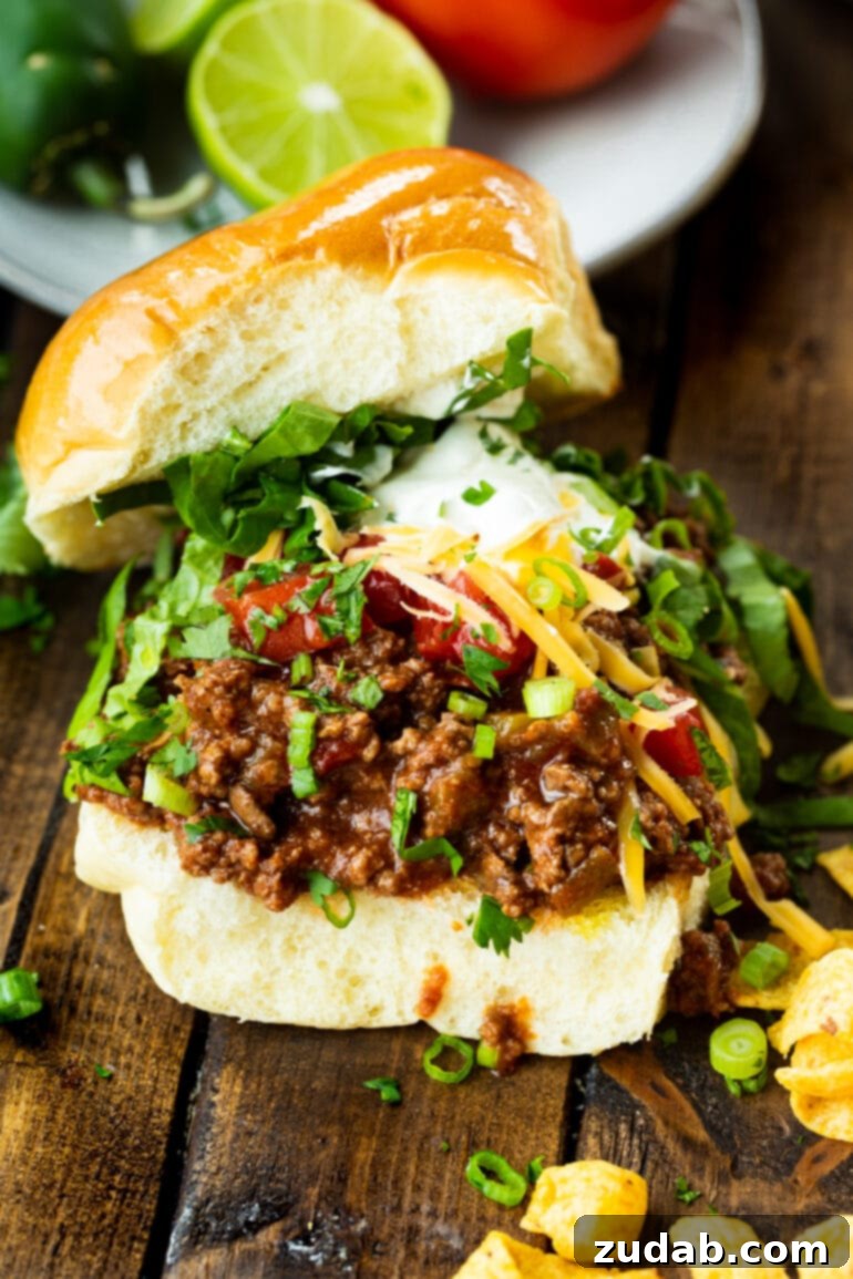 Your Weekly Meal Guide: May 20-26 7 A hearty brioche hamburger bun overflowing with savory taco meat, generously topped with shredded lettuce, bright cheddar cheese, diced tomatoes, a dollop of sour cream, and scattered Fritos chips, creating an irresistible Taco Sloppy Joe.
