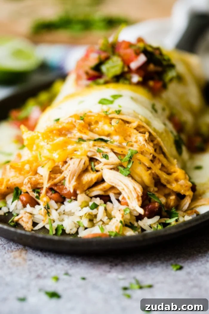 This Week's Meal Plan: May 27 - June 2 5 A close-up of a delectable chicken burrito, generously stuffed with fluffy rice and savory beans, then magnificently loaded with melted cheese and fresh salsa, exquisitely garnished with a sprinkle of chopped cilantro. This is the mouth-watering smothered honey lime chicken burritos.