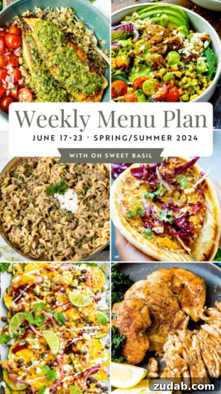 Weekly Meal Plan: June 17-23 2 A vibrant and organized weekly meal plan featuring various healthy and easy-to-prepare recipes for family dinners.