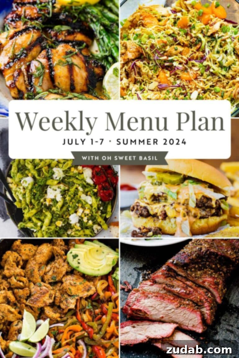 Weekly Meal Plan - July 1-6 2 A vibrant graphic illustrating six diverse main dishes, perfect for a weekly menu plan spanning July 1st to July 7th, showcasing a mix of summer and classic recipes.