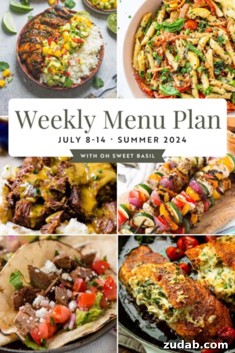 Weekly Menu Plan - July 8-14 2 A vibrant photo graphic showcasing six diverse main dish recipes, perfect for a weekly menu plan, featuring meals like pasta, tacos, chicken, and a hearty soup.