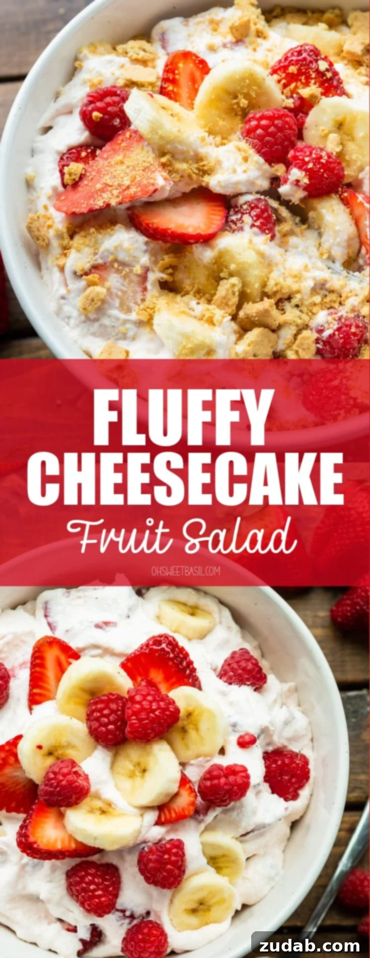 Fluffy Cheesecake Fruit Salad 11 a photo of a bowl of creamy cheesecake fruit salad with sliced bananas and strawberries and whole raspberries and chunks of crushed graham cracker.