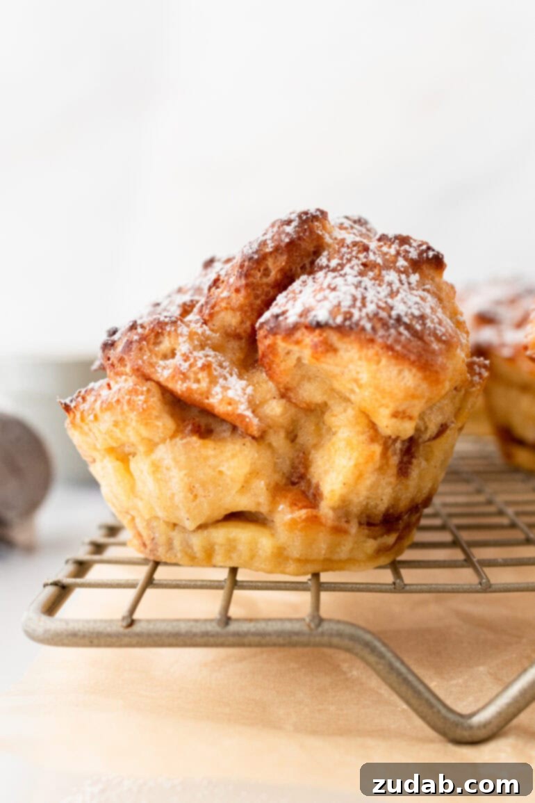 a photo taken from the side of a baked french toast muffin so you can see all the layered bread chunks