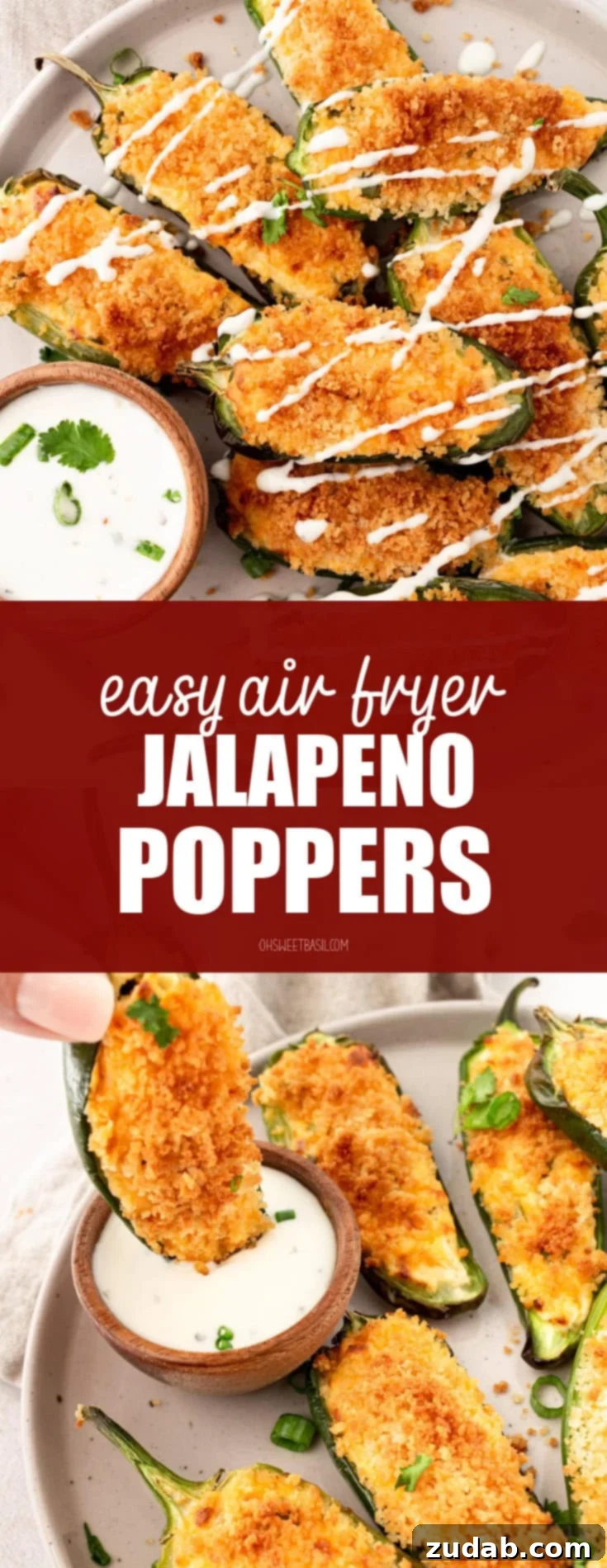 Effortless Air Fryer Jalapeño Poppers 13 A photo of someone dipping a golden crispy jalapeno popper into a little cup of ranch dressing