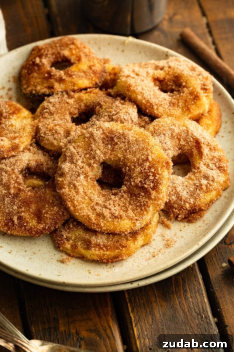Effortless Air Fried Apple Rings 2 several air fried apple rings coated in golden batter and cinnamon sugar sitting on a plate