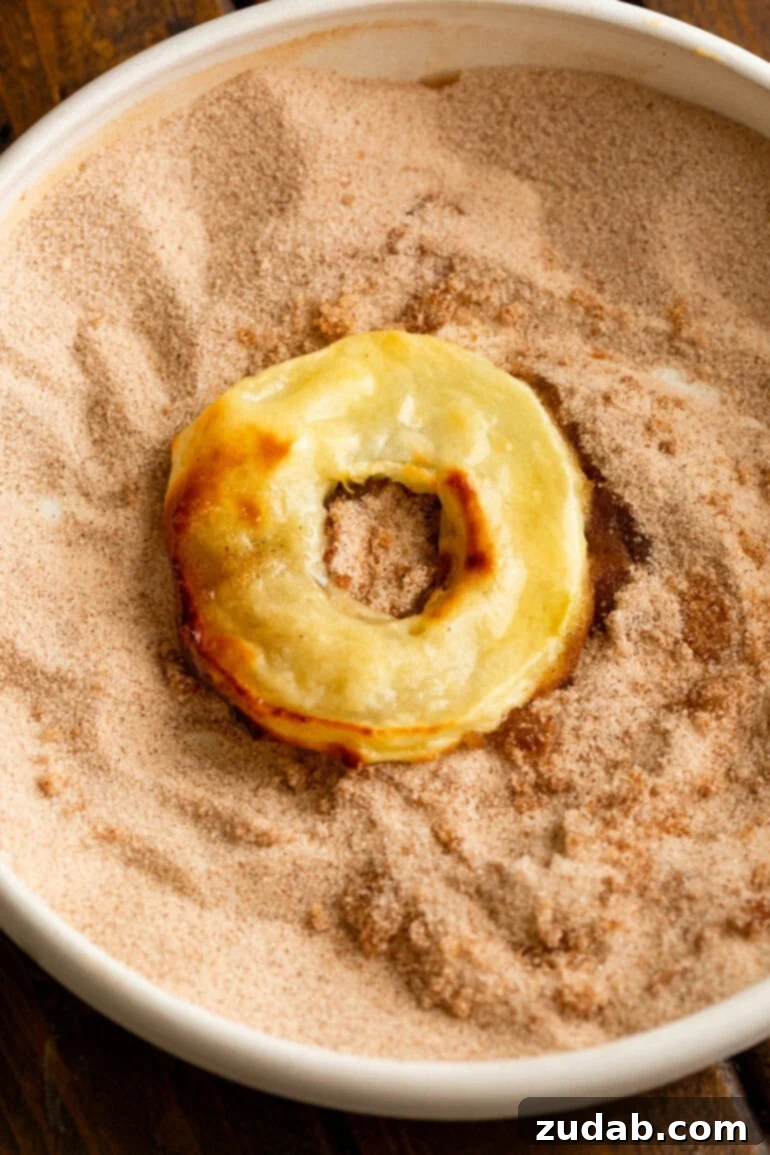 Effortless Air Fried Apple Rings 3 a golden battered fried apple ring sitting in a bowl of cinnamon sugar