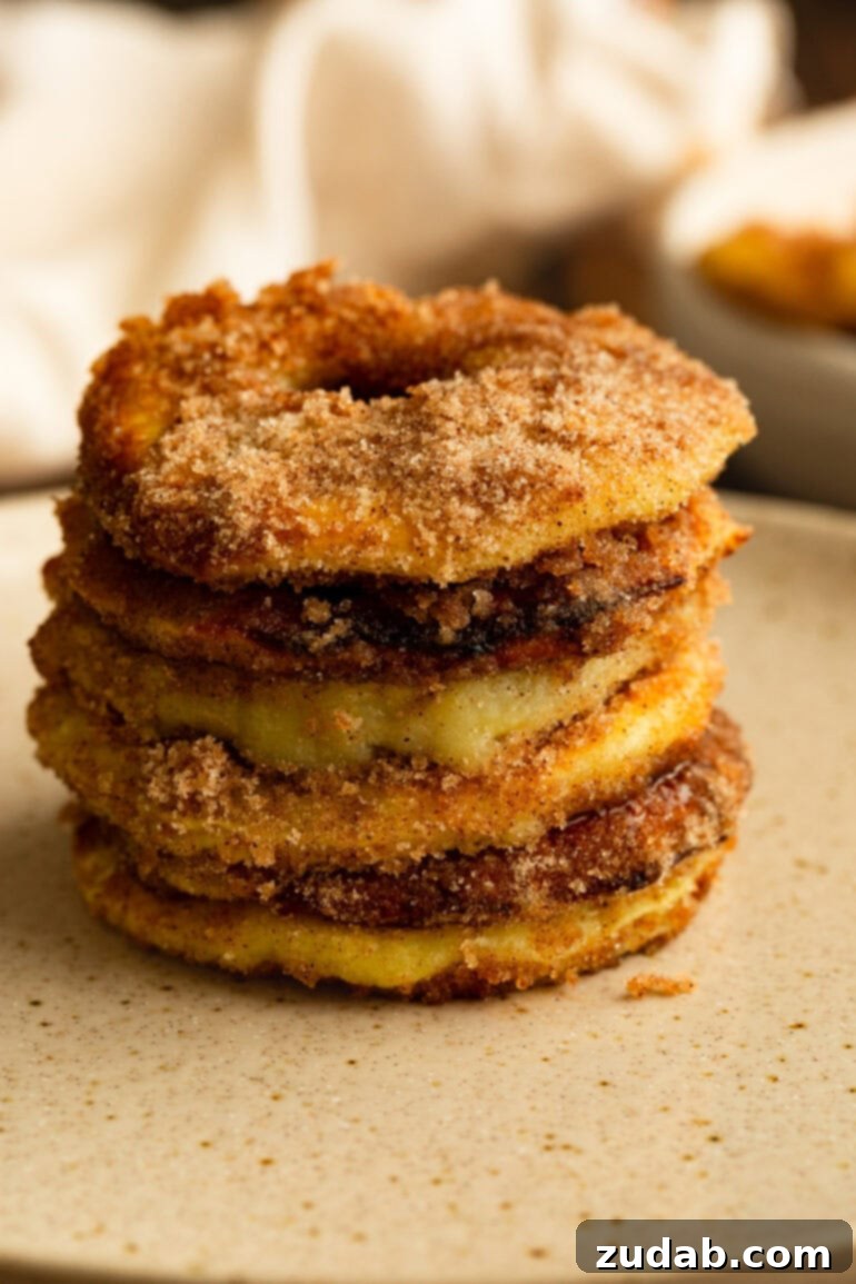 Effortless Air Fried Apple Rings 4 a stack of golden fried apple rings coated in cinnamon and sugar
