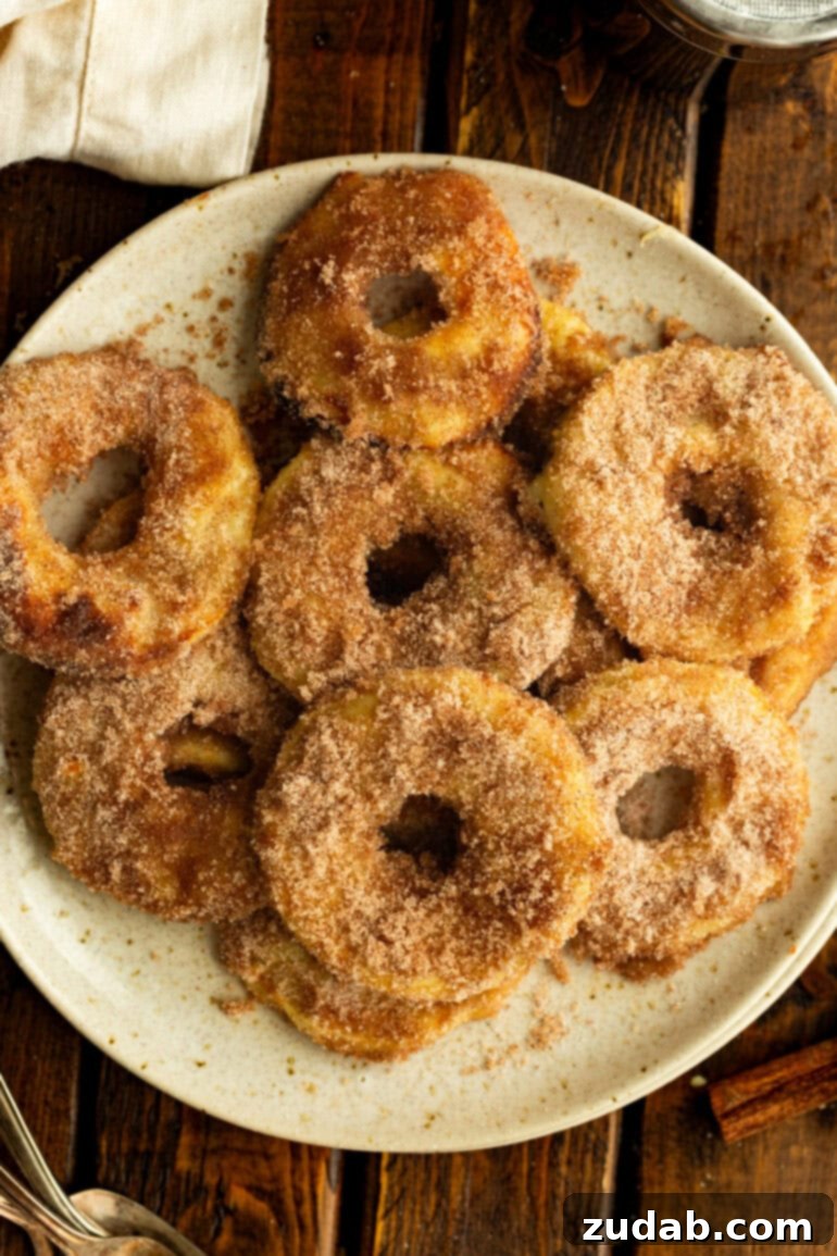 Effortless Air Fried Apple Rings 8 several golden fried apple rings coated in cinnamon sugar sitting on large serving plate