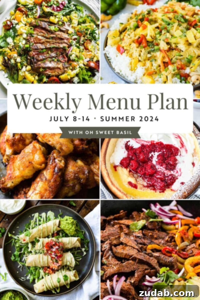 This Week's Menu: July 15-21 3 A second vibrant collage showcasing six different appetizing dinner dishes, perfect for a balanced and exciting summer weekly menu plan, featuring seafood, vegetarian options, and hearty meals.