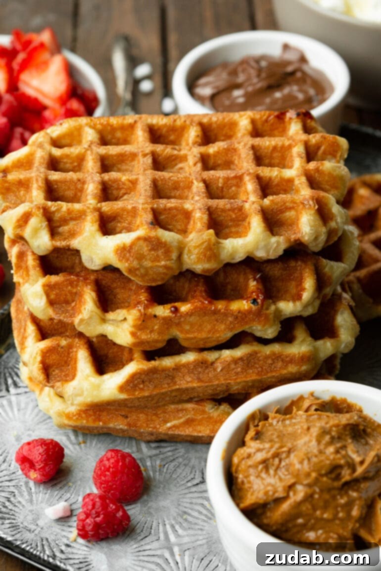 Mastering Waffle Love's Signature Liege Waffles 4 A photo of a stack of cooked golden Liege waffles with a cup of Biscoff and a cup of Nutella sitting next to the stack, ready for toppings.
