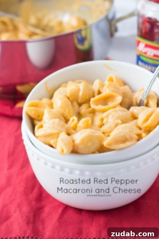 Creamy Roasted Red Pepper Macaroni and Cheese with fresh herbs