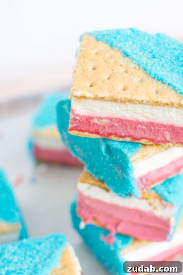 Olympic Celebrations: Red, White, and Blue Recipes 9 With a layer of no-churn red velvet white chocolate chip ice cream, a layer of cheesecake ice cream, and a fabulously festive blue white chocolate shell, these Red Velvet, White and Blue Ice Cream Sandwiches are all you need to cool down this Fourth of July! abajillianrecipes.com