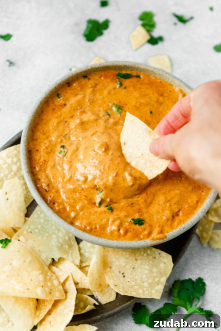Olympic Celebrations: Red, White, and Blue Recipes 17 A bowl of chilis queso dip. A tortilla chip is being dipped into the cheese. and more chips are around the bowl of dip.