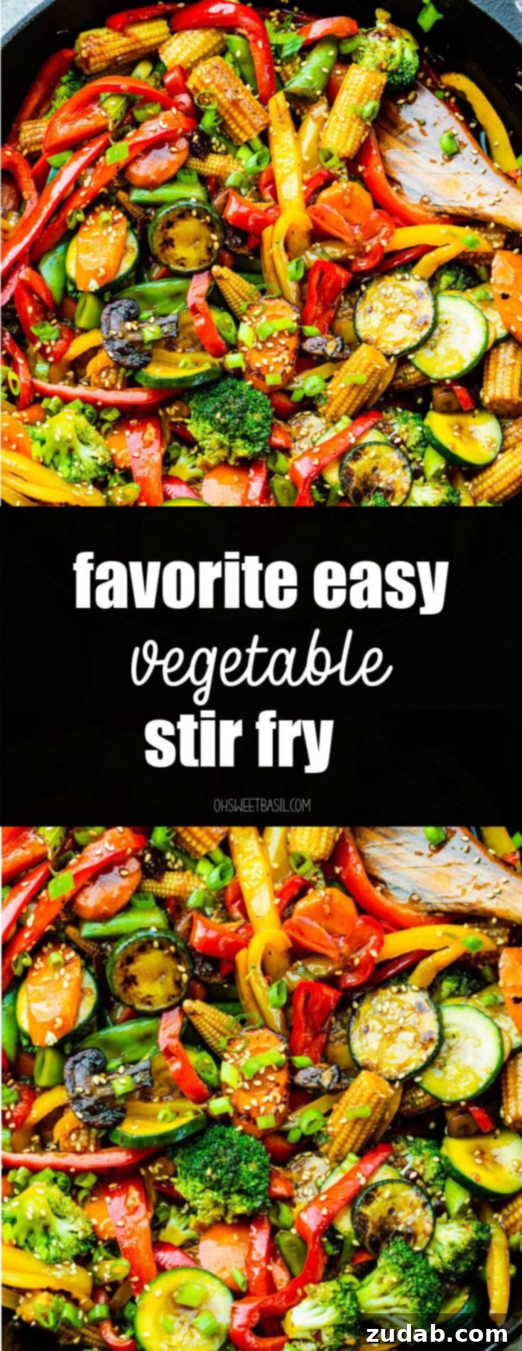 My Go-To Speedy Veggie Stir-Fry 7 A high-angle shot of a large cast iron skillet brimming with bright and colorful stir fry vegetables, showcasing the freshness and variety of ingredients.