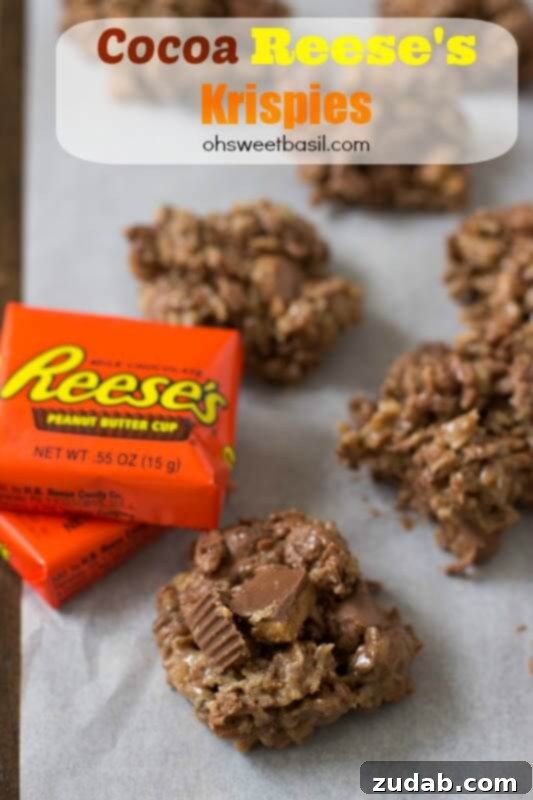 Sweet Tooth Savages 5 A delectable stack of Cocoa Reese's Krispies bars, loaded with sticky peanut butter, chocolate, and Reese's Peanut Butter Cups