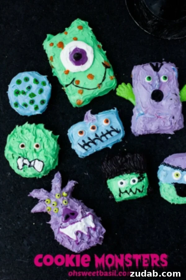 Cute and Easy Monster Cookies for Your Halloween Celebration A vibrant assortment of uniquely decorated Halloween monster cookies, showcasing various designs and candy eyes