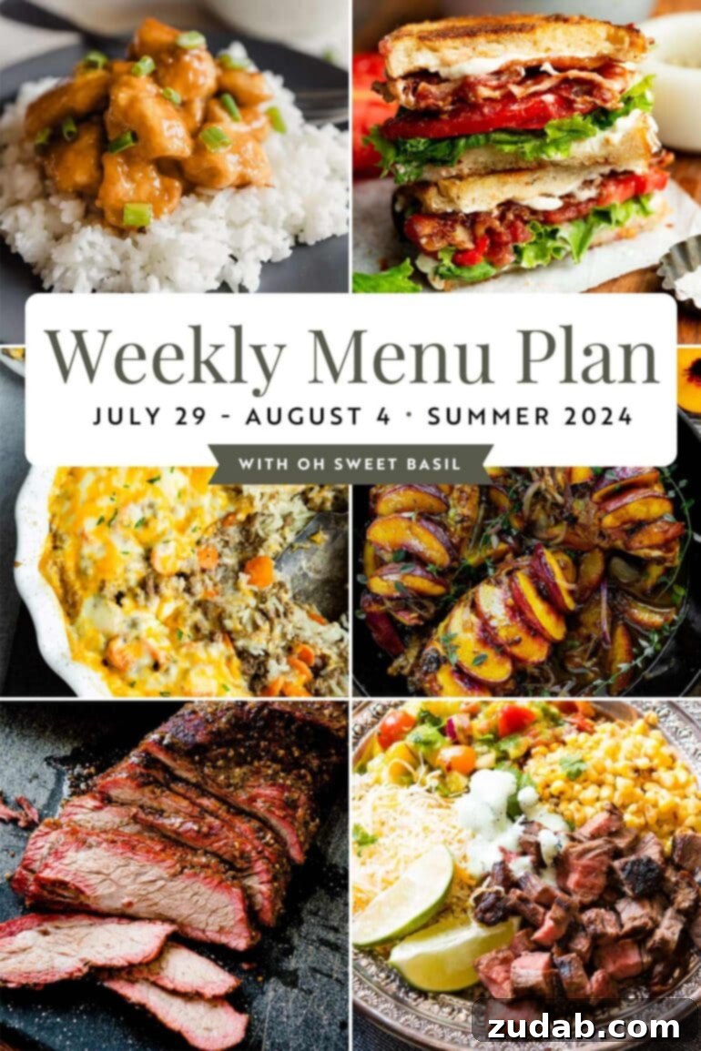 Weekly Menu Plan: July 29 to August 4 2 A vibrant graphic displaying a diverse weekly menu plan with seven main dishes, featuring fresh summer ingredients and family-friendly dinner ideas for easy cooking.