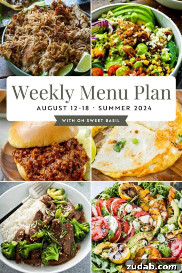 Weekly Menu Plan - Aug. 12-18 2 A graphic showing six different main course dishes, symbolizing a diverse weekly menu plan.