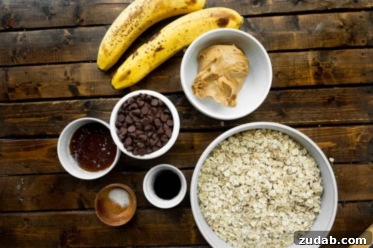 Peanut Butter and Chocolate Chip Breakfast Cookies 3 A vibrant flat lay photo of all the essential ingredients for making peanut butter breakfast cookies, including a bowl of ripe bananas, creamy peanut butter, whole grain oats, delicious chocolate chips, and a pinch of salt.